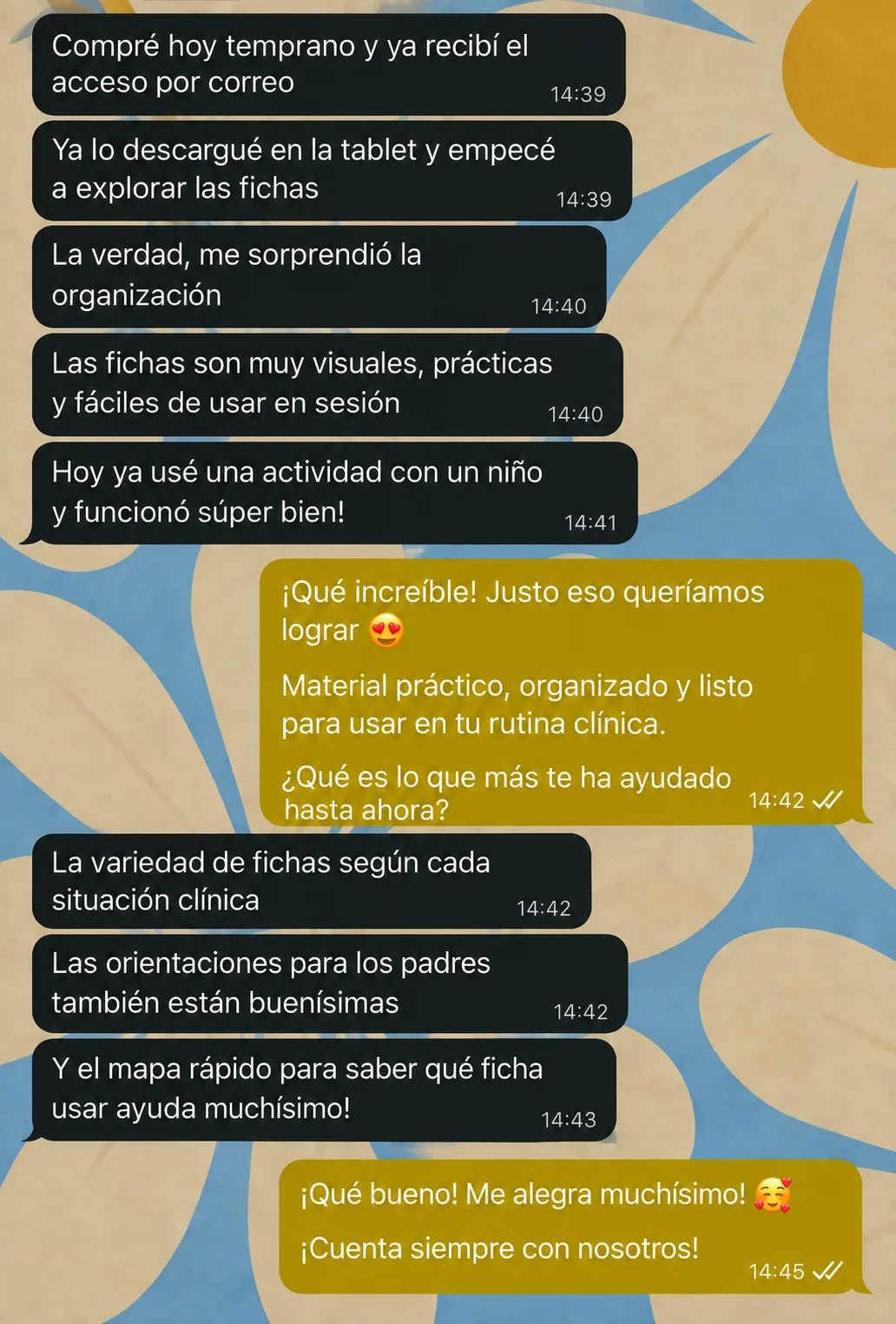 Captura de conversación de una psicóloga sobre las fichas prácticas para TOD